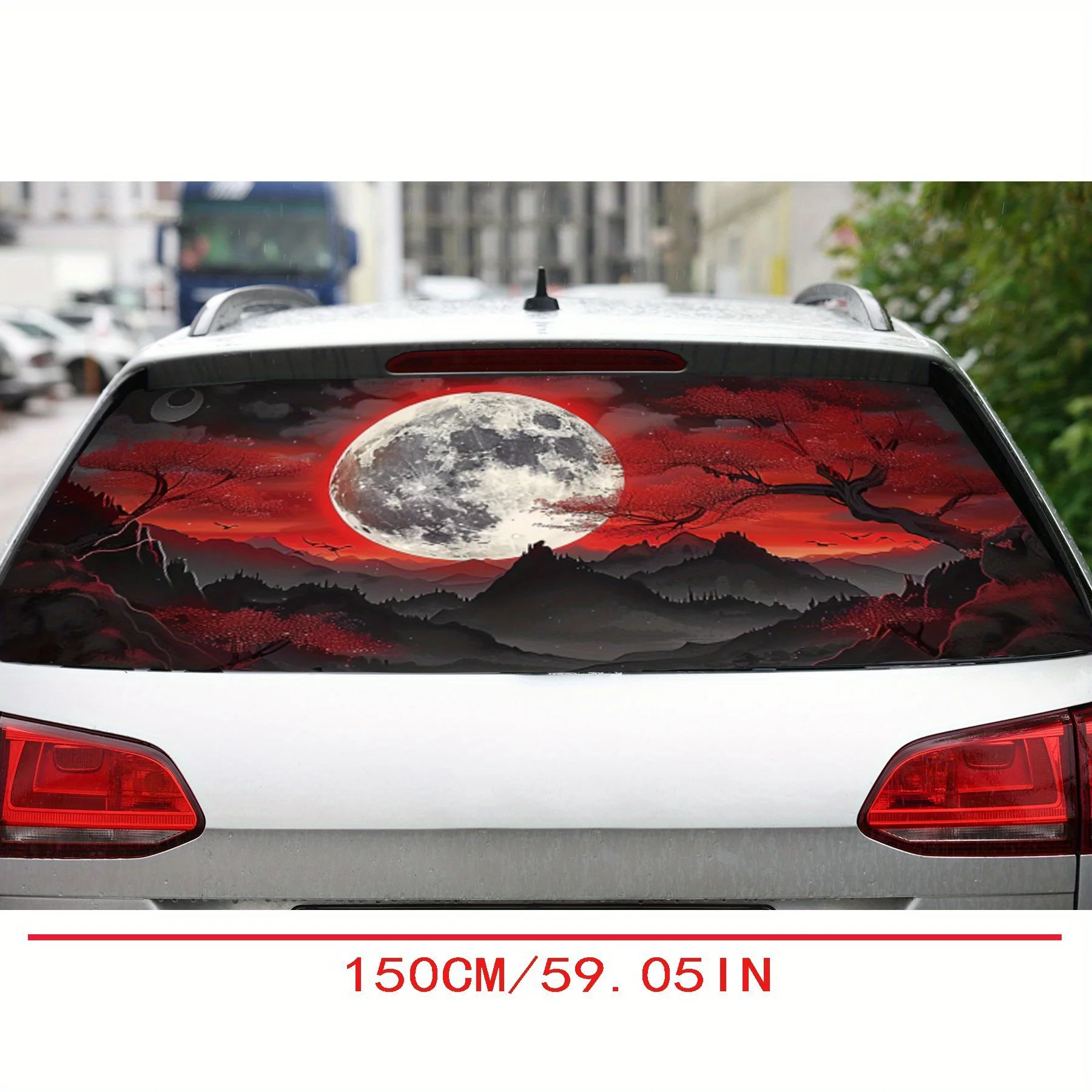 Red maple tree in the moonlight PVC material self-adhesive waterproof car rear window sticker, easy to paste without falling off