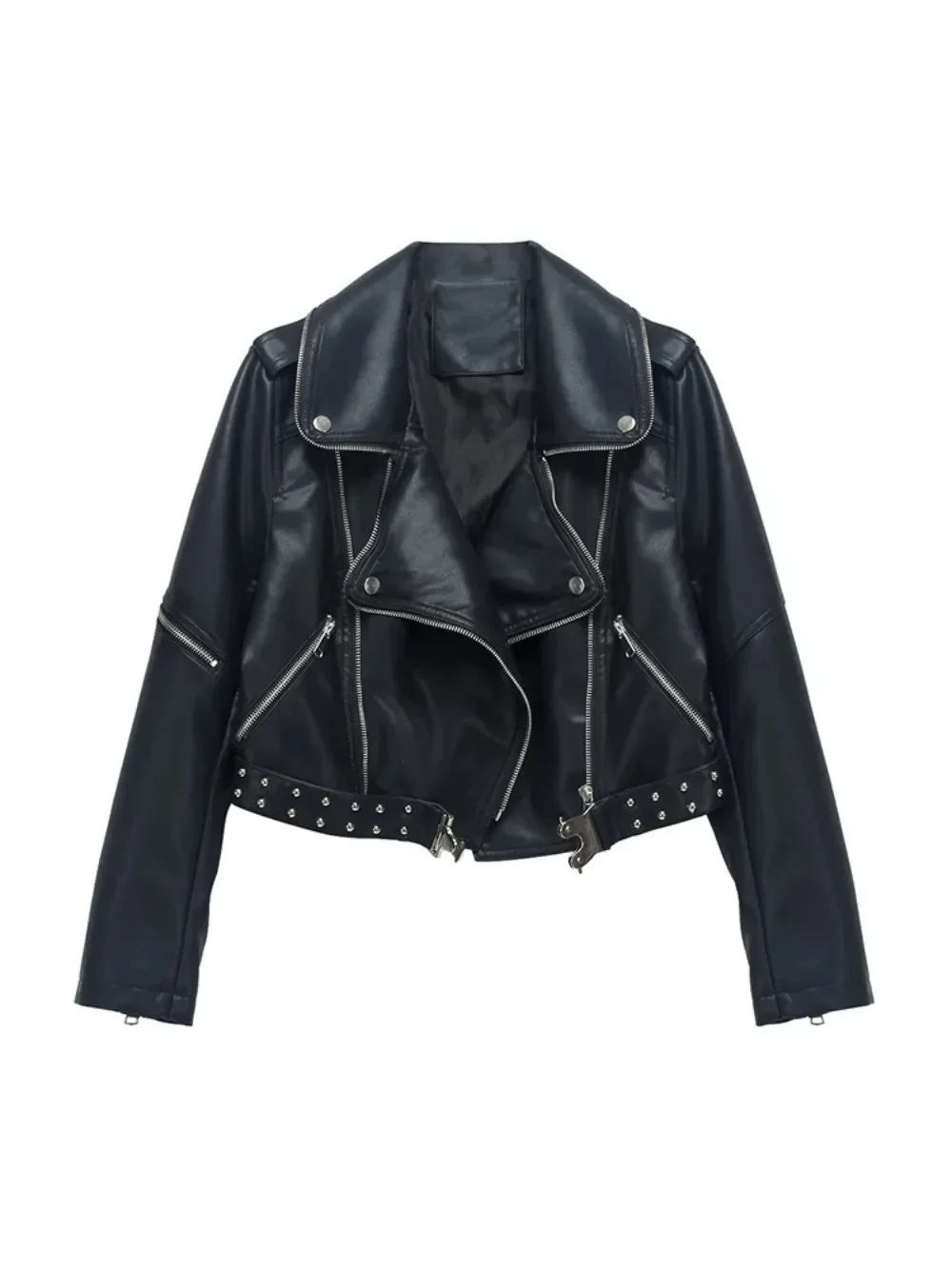 Streetwear Women Loose Rivet Faux Leather Short Jacket Spring Autumn Female Moto Biker Zipper Belt Coat Outerwear