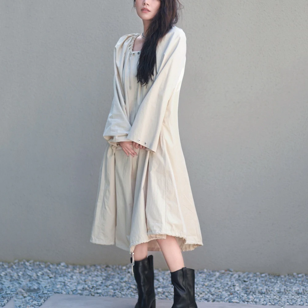 

Женский плащ из смеси хлопка в стиле Y2K, плиссированная куртка на шнурке, минималистичная длинная пригородная куртка большого размера, осень/зима 202, новинка