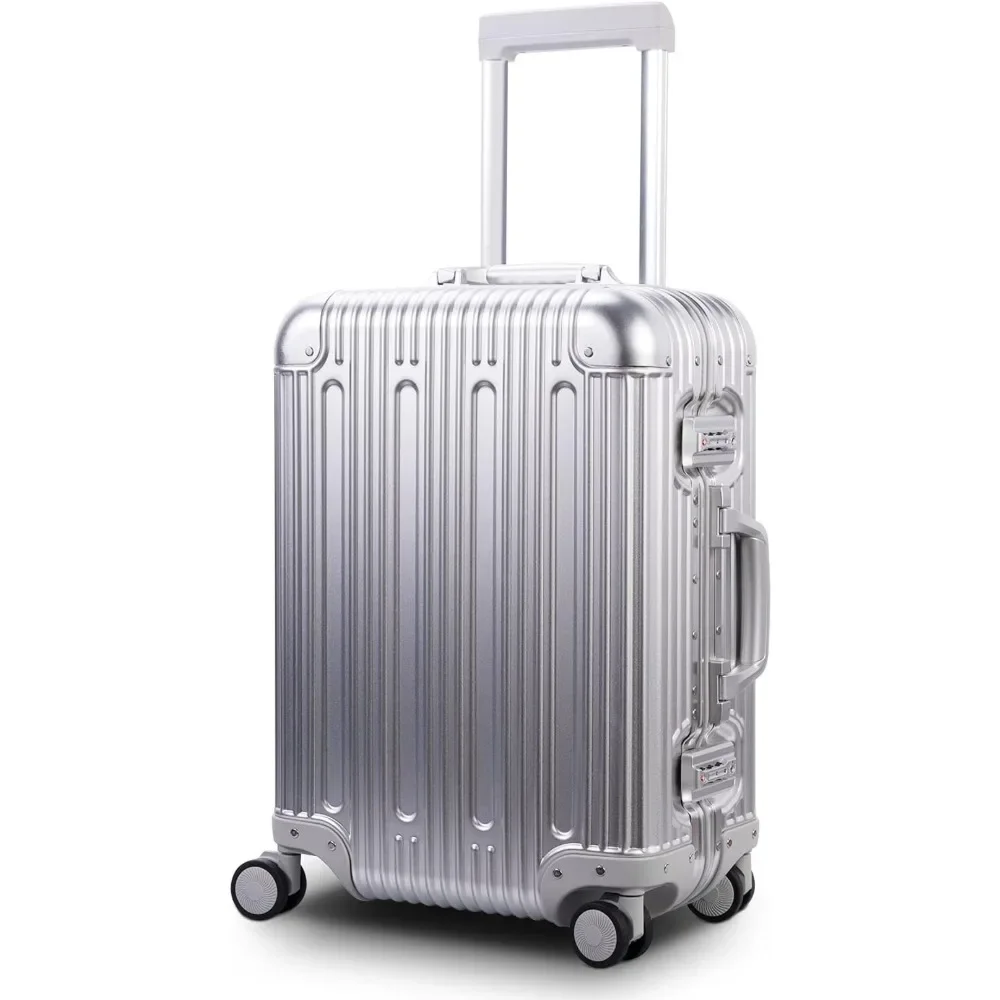 

TRAVELKING All Aluminum Carry On Luggage with TSA Locks Fashion Cool Metal Hard Shell Spinner Suitcase (Silver, 20 Inch)