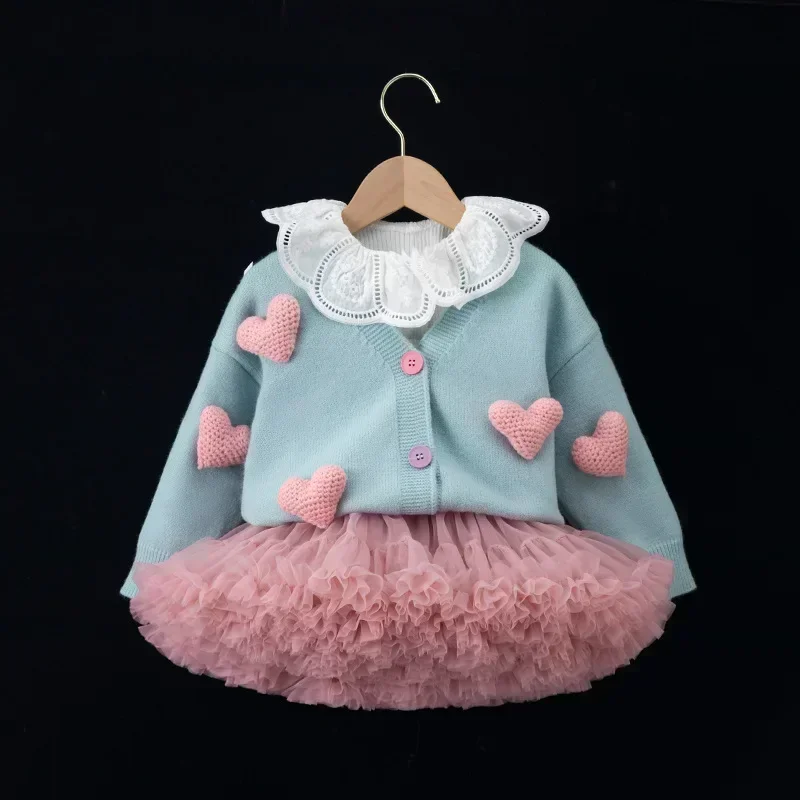 Korean Kid Set Baby Girls Suit Autumn New Long Sleeve Children's Sweater + Skirt Set Girl Lovely Print Pleated Skirt B65