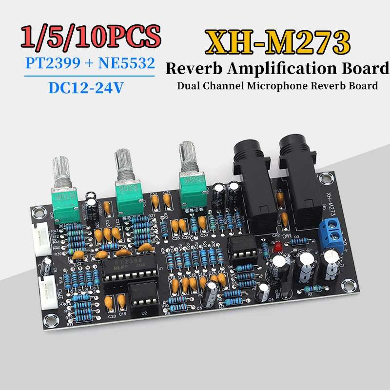 1/5/10PCS Placa de Reverb para Microfone de Canal Duplo PT2399+NE5532 Placa Pré-Amplificadora Digital DC12-24V XH-M273