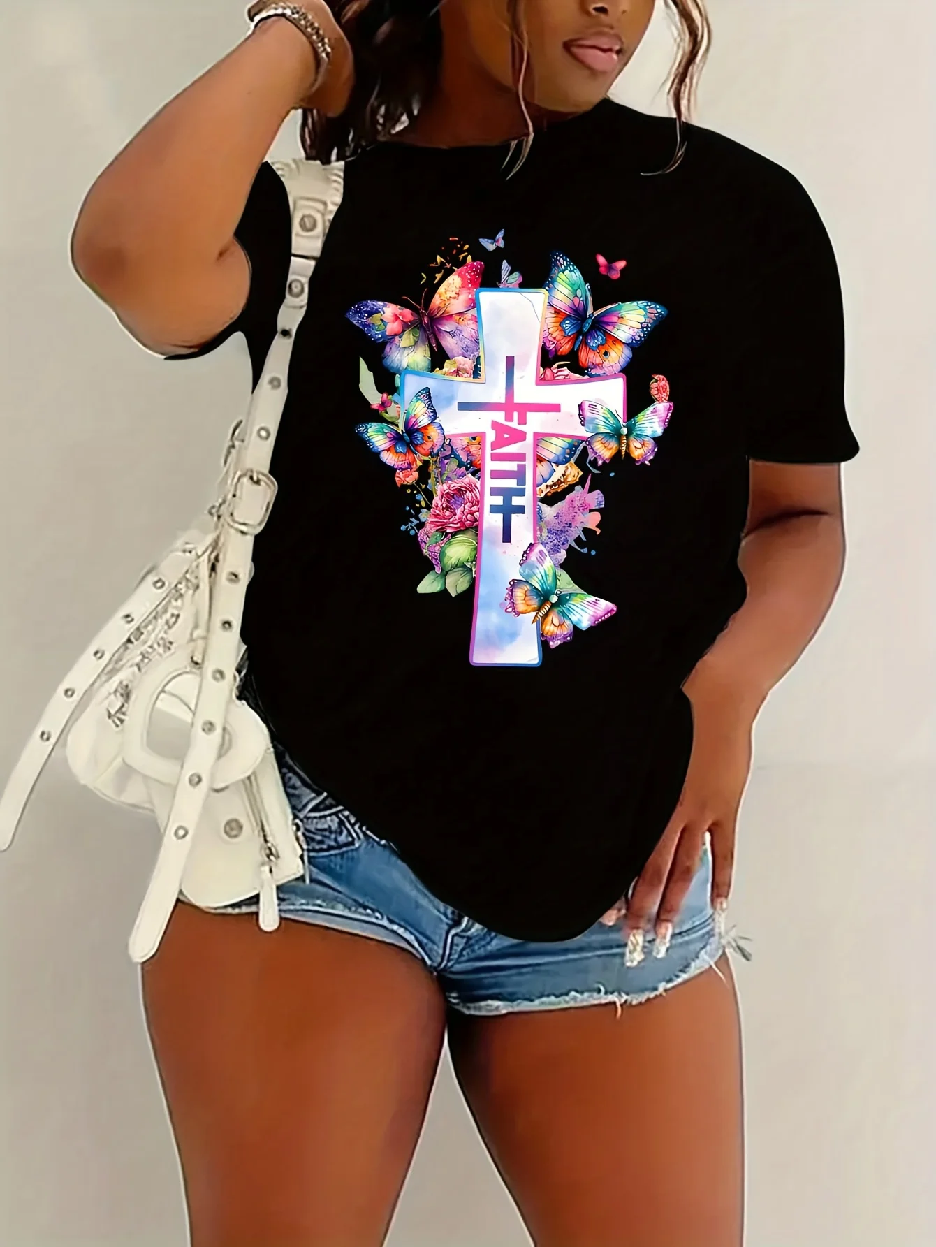 

Plus-size Cross and Faith print T-shirt short-sleeved crew neck casual top Summer and spring women's plus-size clothing