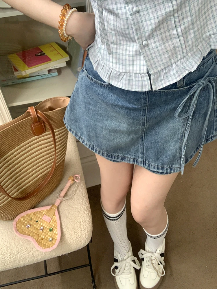 

DADASAMA Ice Blue Holiday Retro Denim Женская короткая юбка-шорты с защитой от просвечивания, полупрозрачная, универсальная, А-силуэт