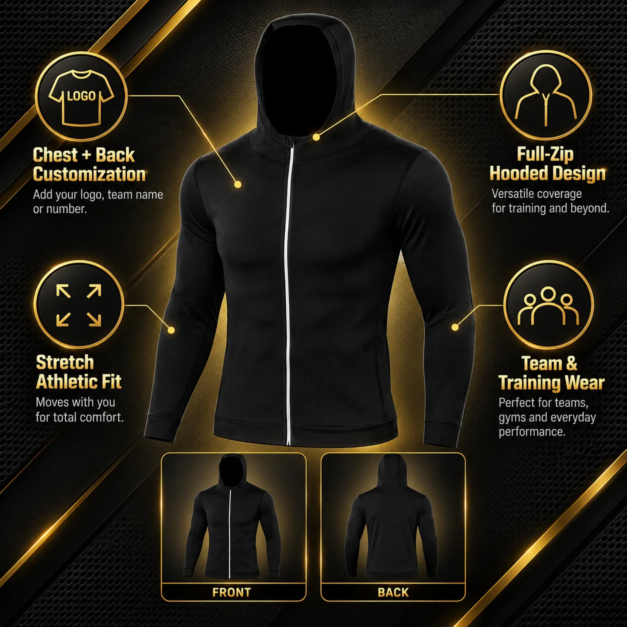 Custom Men's Black Hooded Sports Jacket Full Zip Stretch Running Gym Outdoor Training Teamwear Personalized Logo Apparel for Men