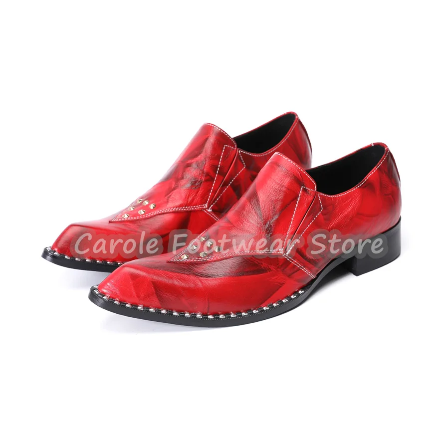 Male Genuine Leather Slip-On Loafers for Men Punk Rivet Decor Square Toe Chunky Heel Mules Men's Business Formals Dress Shoes