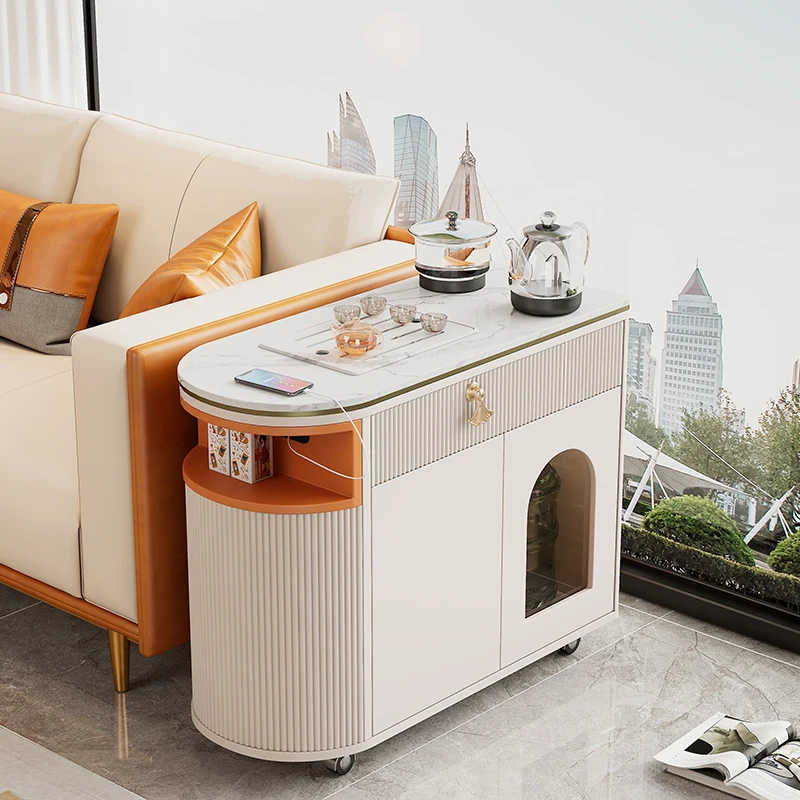 Cream wind movable tea table small household light luxury paint tea table kettle integrated sofa side coffee table balcony