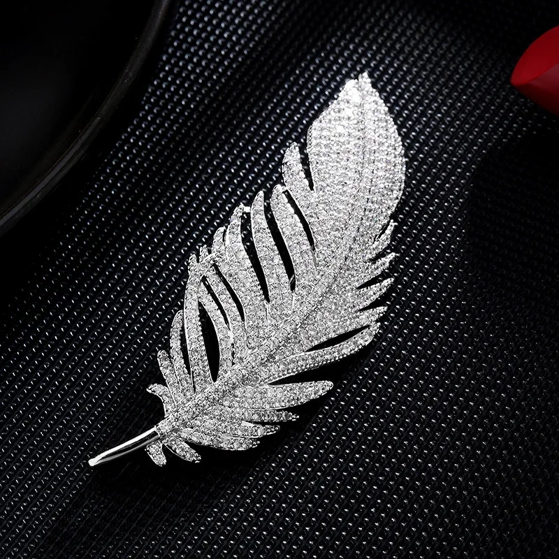 Vintage Full Rhinestone Gold Plated Silver Color Feather Brooches Women Copper Micro Inlaid Pins Wedding Party Jewelry Gift image 6