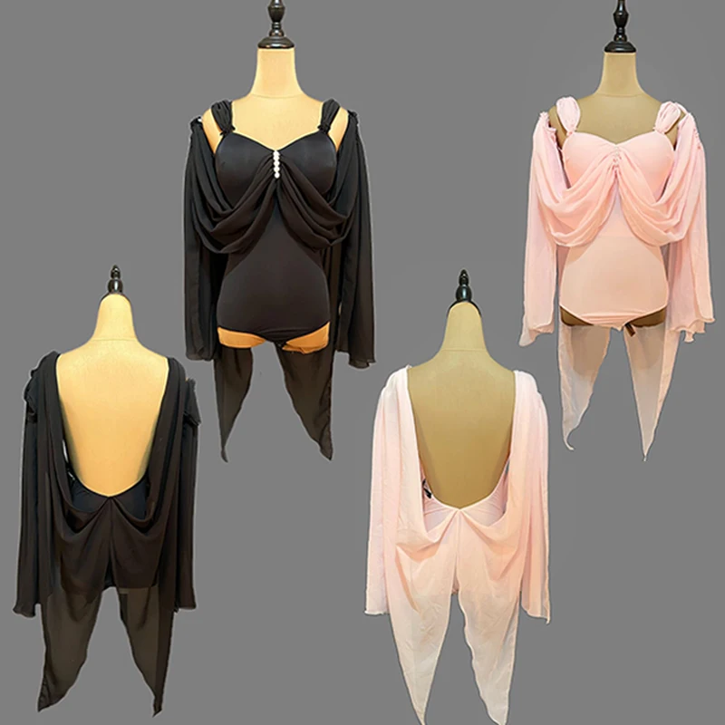 ชุดฝึกซ้อมเต้นรำบอลรูมสำหรับผู้หญิง บอดี้สูทแขนยาวสีดำ ชุดเต้นรำสมัยใหม่มาตรฐาน ชุดฝึกซ้อมวอลซ์ รุ่น VBH2059