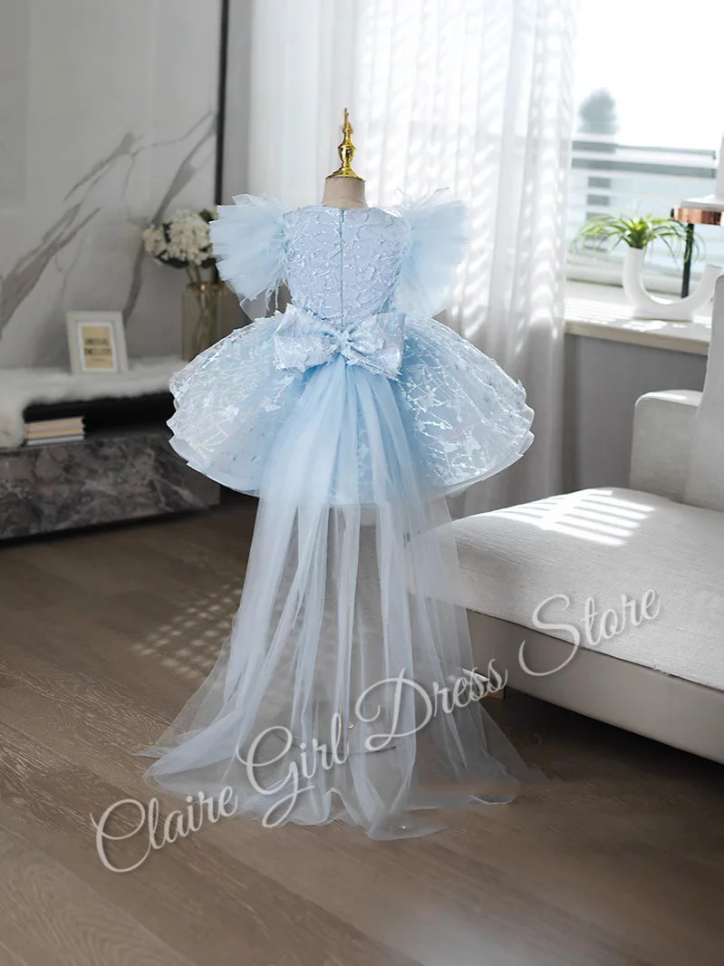 Customized Sky Blue Flower Girl Dress For Wedding Baby Applique Shining Tulle Sequins With Bow Kids Birthday Party Infant Gown