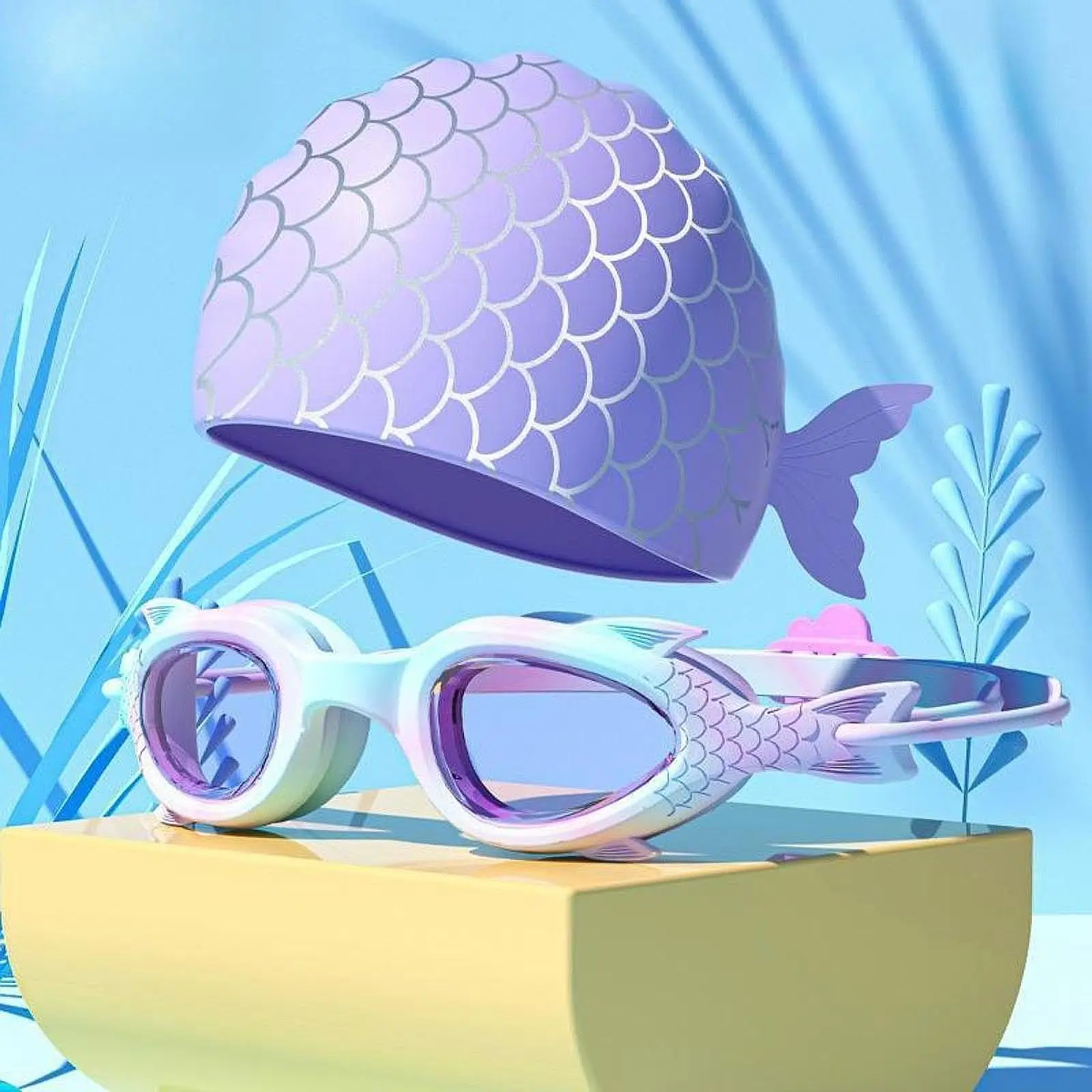 

Swimming Goggles Swim Cap Set Anti Fog Glasses for Playing Water Sports