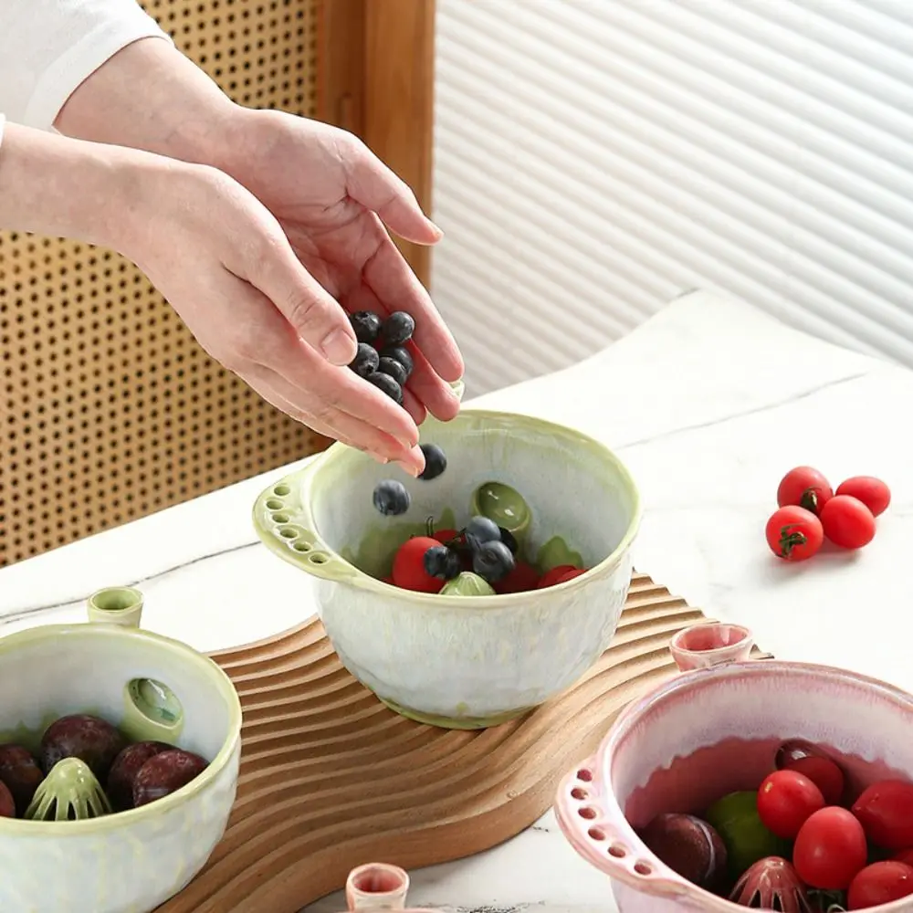Self-spinning Fruit Washing Bowl Integrated Drainage Hole Large Capacity Ceramic Berry Washer Quick Drain Easy To Clean