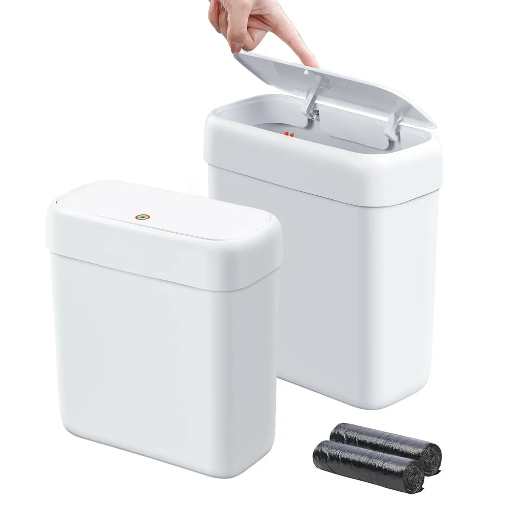 

funest 2 Pack Bathroom Trash Can with Lid 3 Gal & 2.7 Gal Slim Garbage Bin Pop Up Lid for RV Office Small Space White