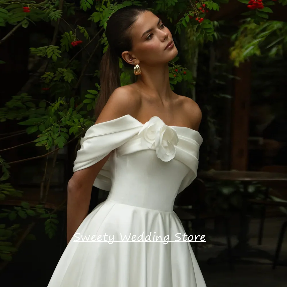 فستان زفاف حديث من الساتان للمرأة العروس مخصص قبالة الكتف قارب الرقبة الزهور ثنيات ألف خط فستان زفاف سويب تراين #3