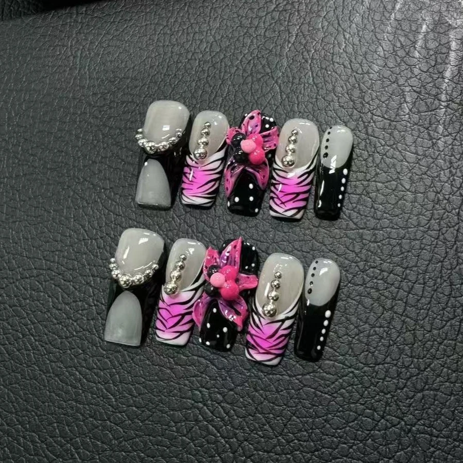 

10Pcs Mid-length Coffin False Nails Sweet Cool Hot Girl Hand-painted Nail Art Stickers Wearable French Ballet Acrylic Nails Set