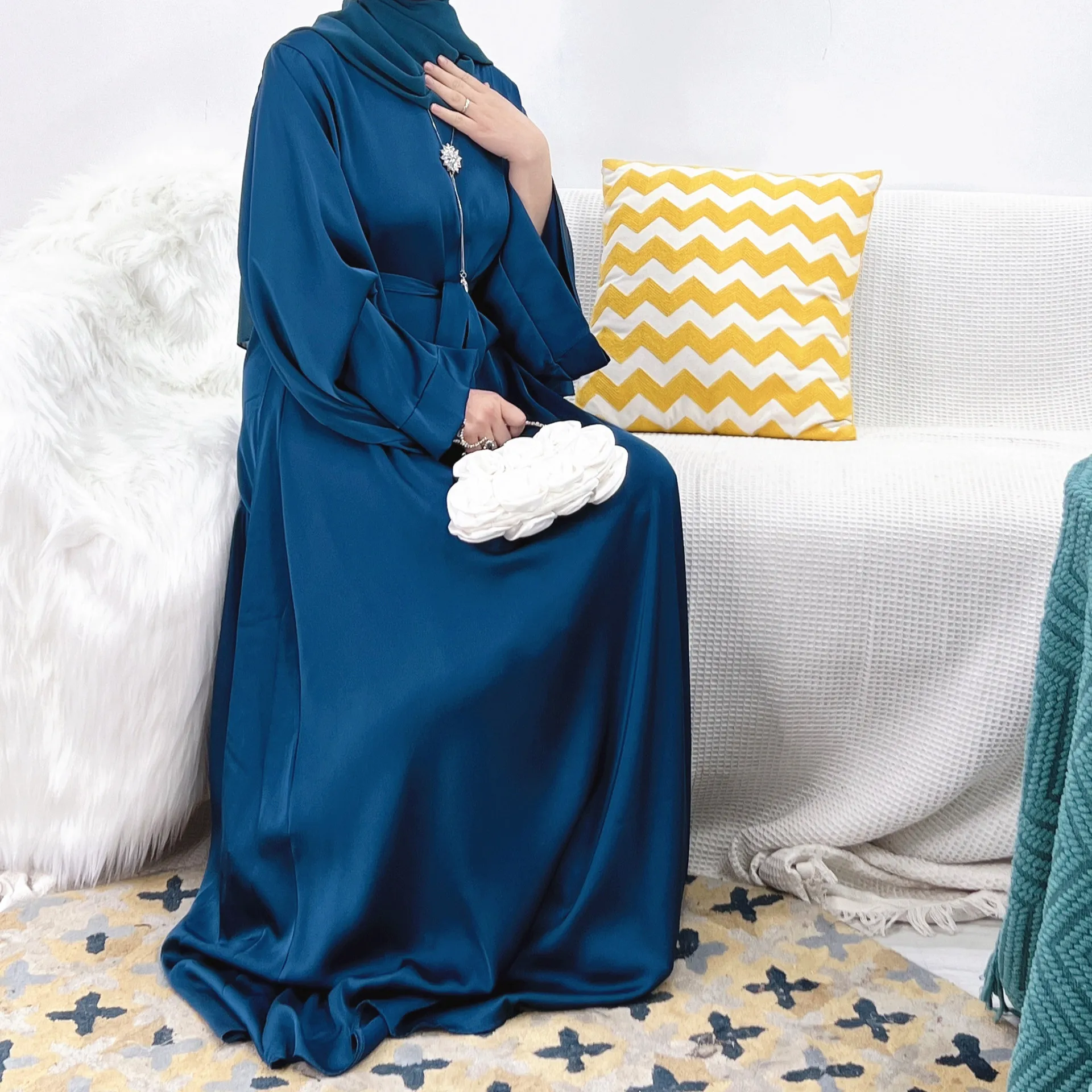 Regular-Fit Plain Stain Dubai Abaya Muslim Long Women Dress Modest Islamic Clothing Hijabi Robe-Long Wide Sleeves, Side Pockets