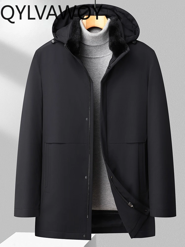 QYLVAWOY 100% POLYESTER Men's Winter Mink Fur Lined Jacket Parka Middle-Aged Nickey Coat Hooded riders jacket men's LJ2066