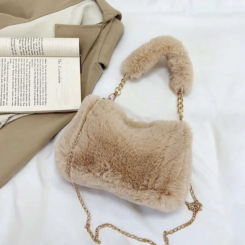 Simple Faux Fur Tote Bucket Bag Metal Chain Crossbody Bag For