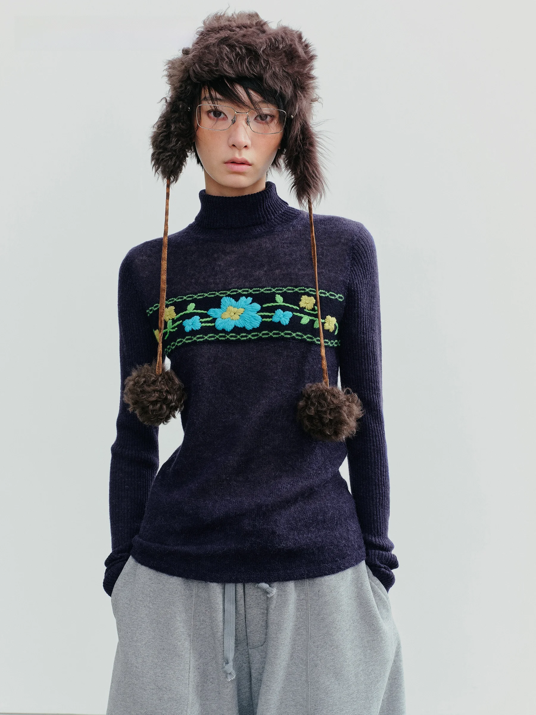 Elegant Vintage Embroidered Heavy Work Hand Stitched Alpaca Wool Base Layer Overhead Sweater by Vermo Fashionable Knitted Top