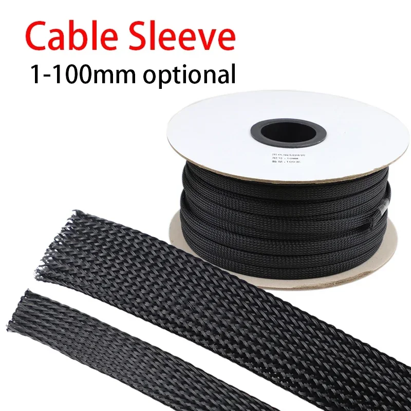 10M Black Braided Cable Sleeving PET Nylon Spiral Wrapping Expandable Insulated Braid Tight 1mm to 100mm Cable Sleeves