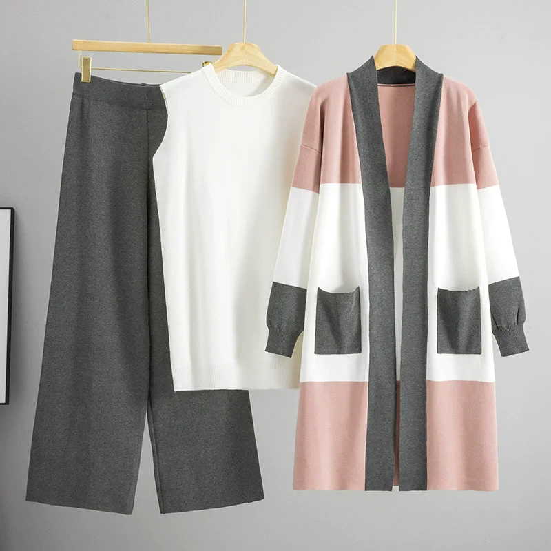 الكورية تصميم محبوك 3 قطعة مجموعات النساء سترة بيضاء + منتصف طول سويتر مقلم سترة Conjuntos عالية الخصر السراويل فضفاضة الزي #3