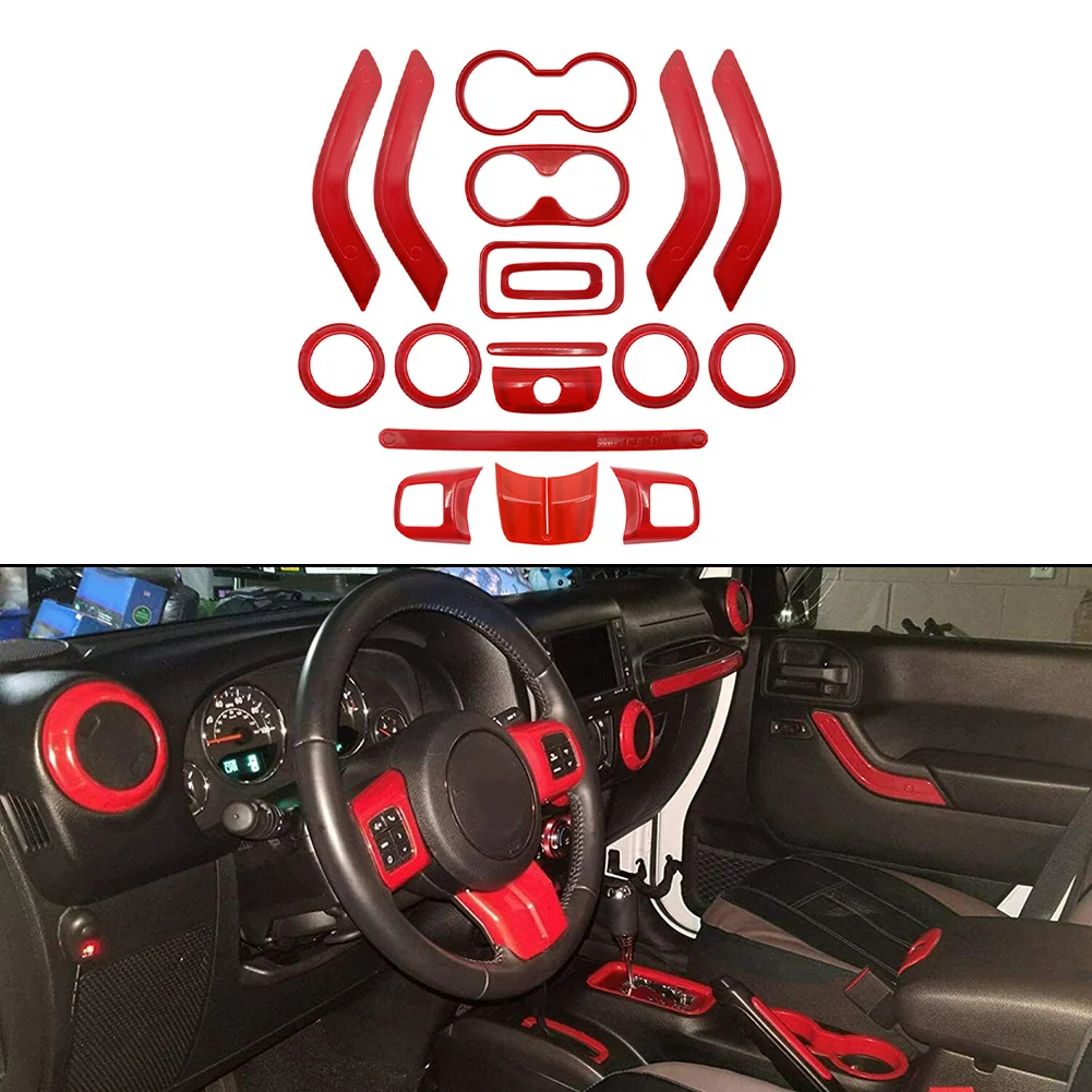 

Car Interior Sticker Trim Kit For Jeep For Wrangler JK JKU 4 Door 11-17 Red ABS Decal Decoration Set With Double-sided Tape