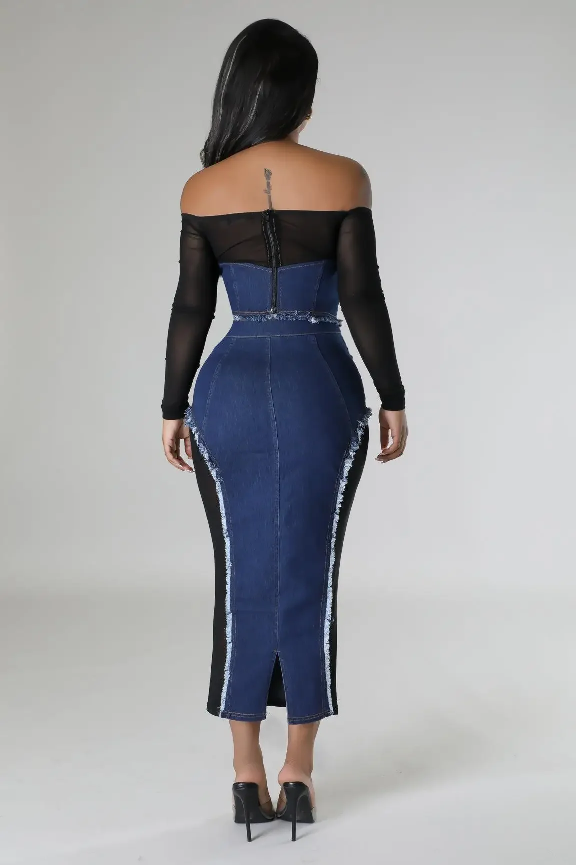 Denim Two Piece Sets Women Outfit Sexy Mesh Sheer Skirt Sets Patchwork Long Sleeves Slash Neck Night Club Outfits Sets To Dress