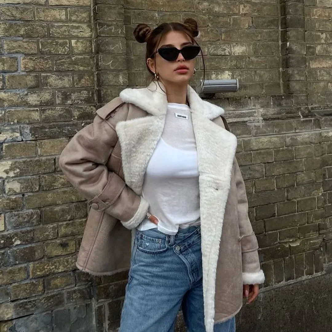 Vestes d'hiver et d'automne pour femmes, épais et chaud, en daim solide, réversible, manteau extérieur de moto, pardessus ample pour femme, 2025