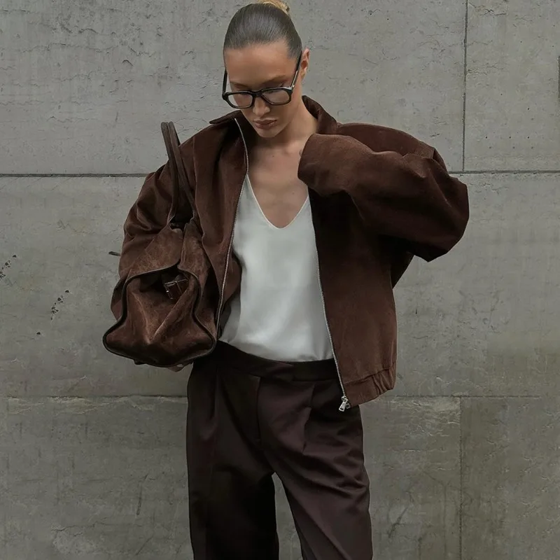 Talenza Autumn Vintage Jacket Coats 2025 New Solid Zipper Plush Brown Casual Jacket Fashion Loose Streetwear Women Coats Outwear