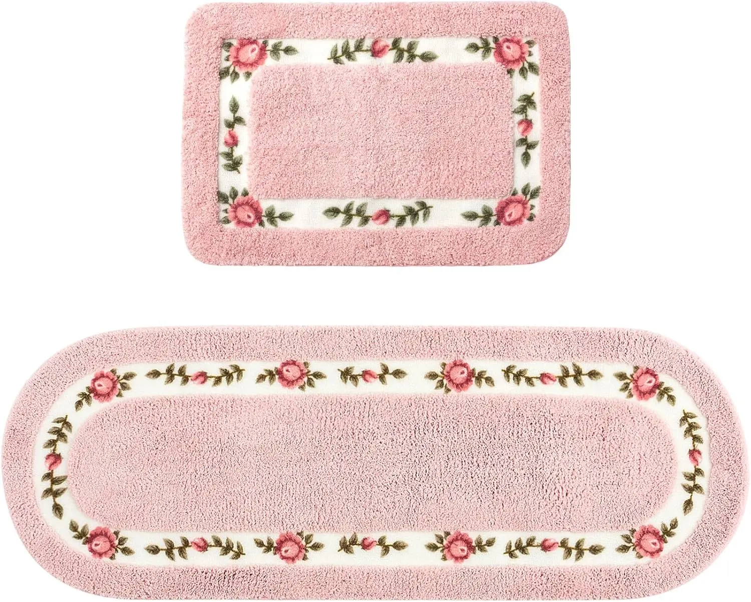 

2-Piece Rose Floral Bathroom Rug Set, Non-Skid Absorbent for Bedroom Living Room Decor in Pink Small