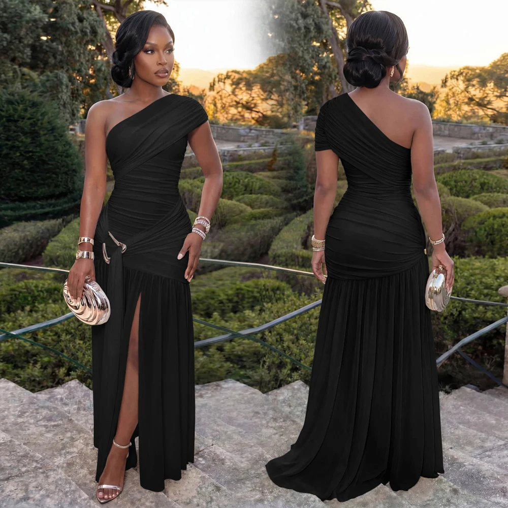 Sommerliches Damen-Abendkleid: Sexy One-Shoulder-Maxikleid mit Raffungen, Mesh-Einsatz, Metallschnalle, hohem Schlitz und plissiertem Saum – Partykleid 2026 – Detail 4