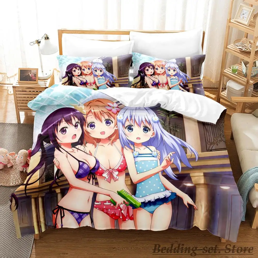 

2023 Gochuumon wa Usagi Desu ka Bedding Set Single Twin Full Queen King Size Bed Set Adult Kid Bedroom Duvetcover Sets Anime