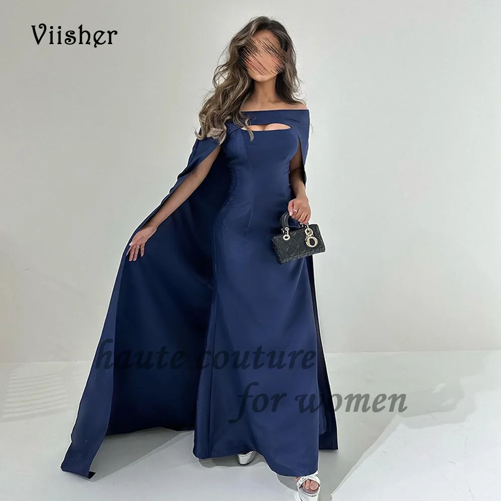 

Viisher Navy Blue Satin Mermaid Evening Dresses with Cape Saudi Arabic Prom Party Dress Floor Length Formal Evening Gowns