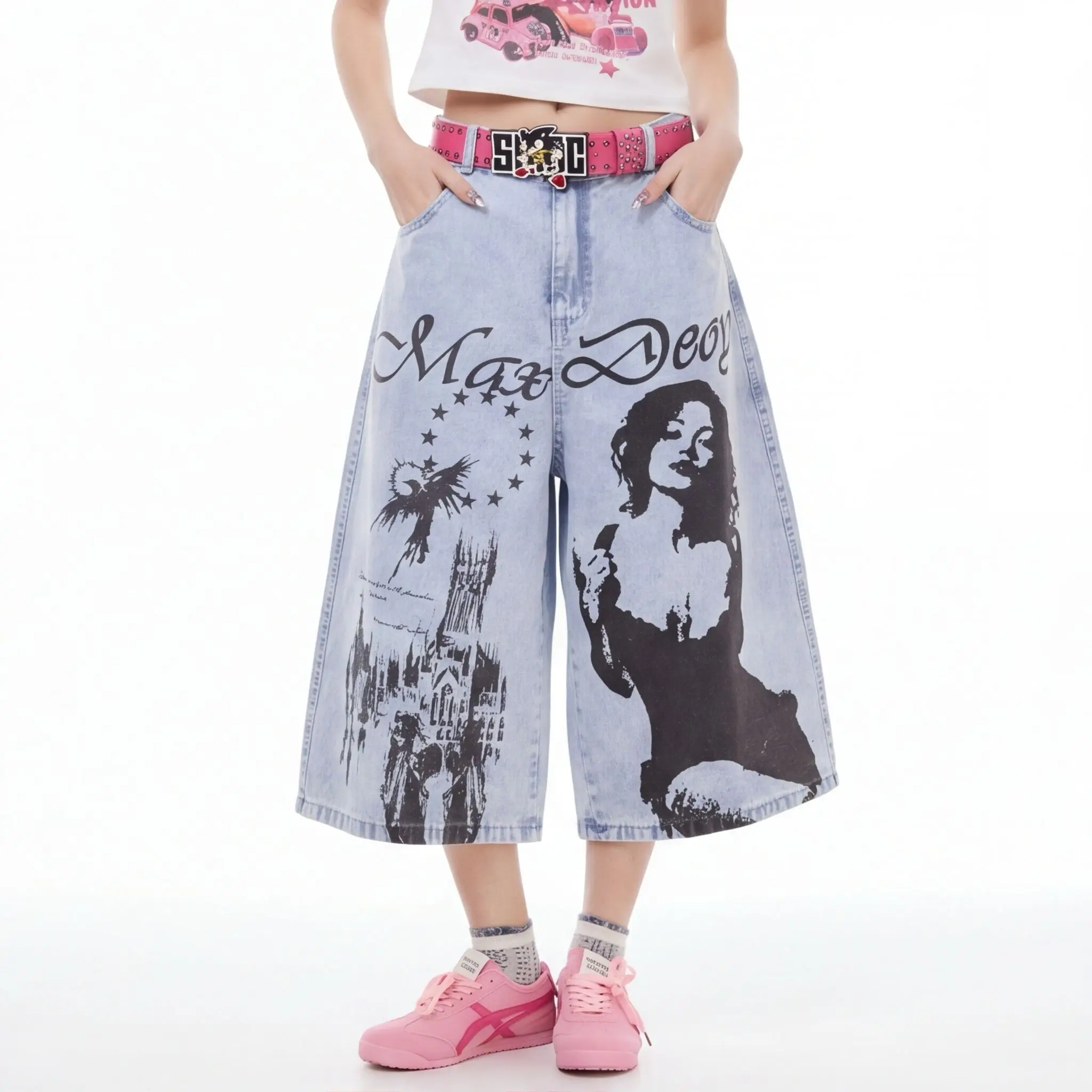 CHIC Denim Jeans Jorts Women Printed Graffiti Style Loose Capri Pants Straight Wide Leg Shorts Boyfriend Fashion Men Jeans