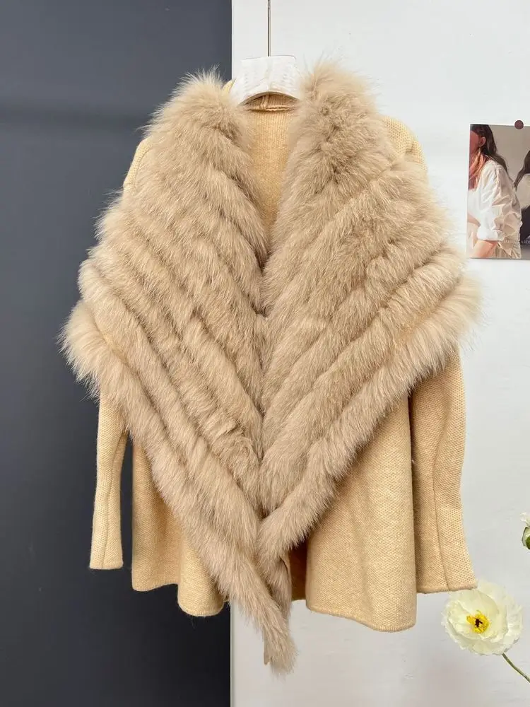 UCXQ Elegant Knitted Cardigan Temperament Fox Fur Collar Long Sleeved Thick Warm Sweater Jacket Women 2024 Autumn Winter 23C2631