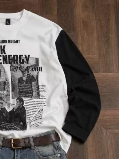 Punk Alt Women Long Sleeve Graphic Tee Raglan Color Block Newspaper Print Loose Fit Y2K Aesthetic Casual Streetwear Ladies Tops