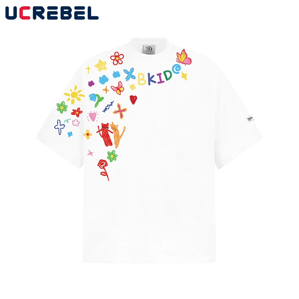 Graffiti Print Short Sleeve T-shirt Mens Creative Cartoon Summer High Street Half-Sleeve Crew Neck Cotton Tee Men Tshirt
