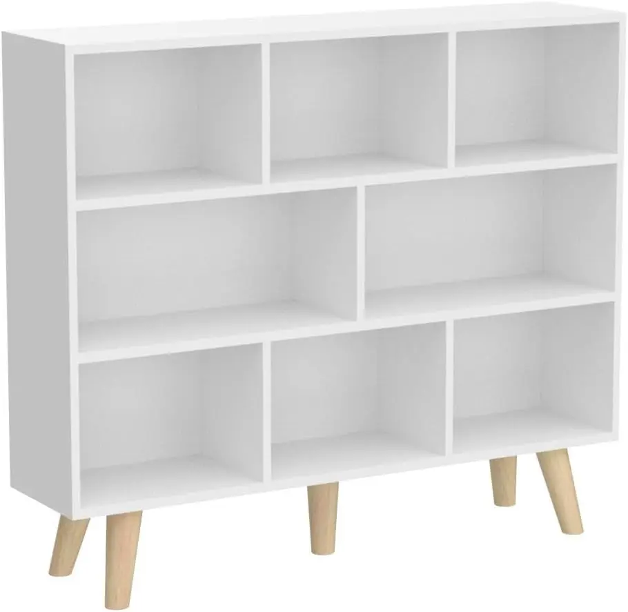 IOTXY Wooden Open Shelf Bookcase - 3-Tier Floor Standing Display Cabinet Rack with Legs, 8 Cubes Bookshelf, Warm White