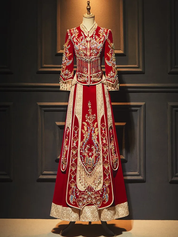 

Velvet wedding dress new for brides Chinese-style toasting heavy industry