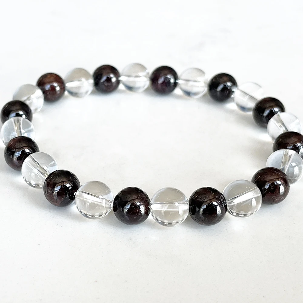 MG1724 Womens Virgo Zodiac Bracelet 8 MM Genuine Tanzania Garnet Clear Quartz Chakra Wrist Mala Natural Gemstone Jewelry