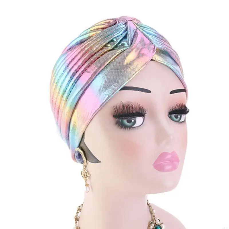النساء قوس قزح معدني العربية قبعة عمامة الملتوية الجبهة مطوي حك بريق ملون قبعة مسلم الحجاب فقدان الشعر الكيماوي قبعة