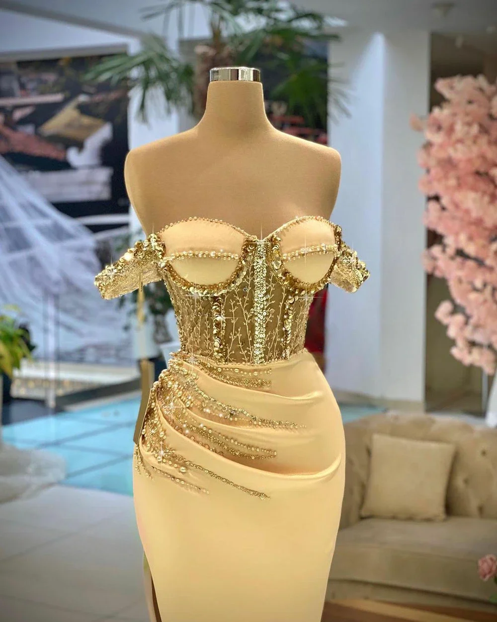 Elegante vestido de noche de un hombro con forma de sirena para mujer, vestidos de fiesta formales con cuentas de encaje, oro rosa