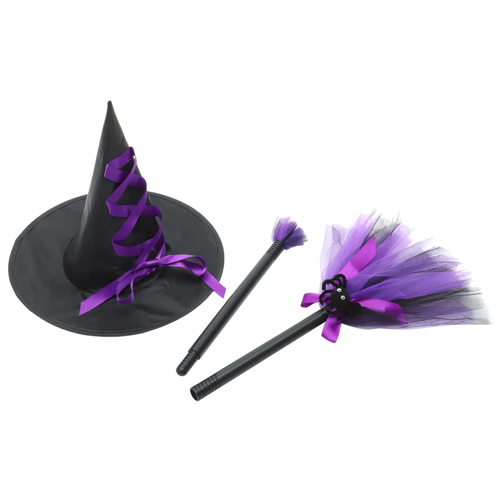 1Set Halloween Witch Hat Cosplay Set Decorative Witch Broom Prop Party Dress-Up Masquerade Gift Witches Broom Witches Hat