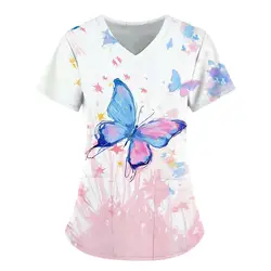 Women's Fashion Short Sleeve Clothing Butterfly Element 3D Printed V-Neck T-shirt Pocket Work Clothing Medical Nurse Clothing