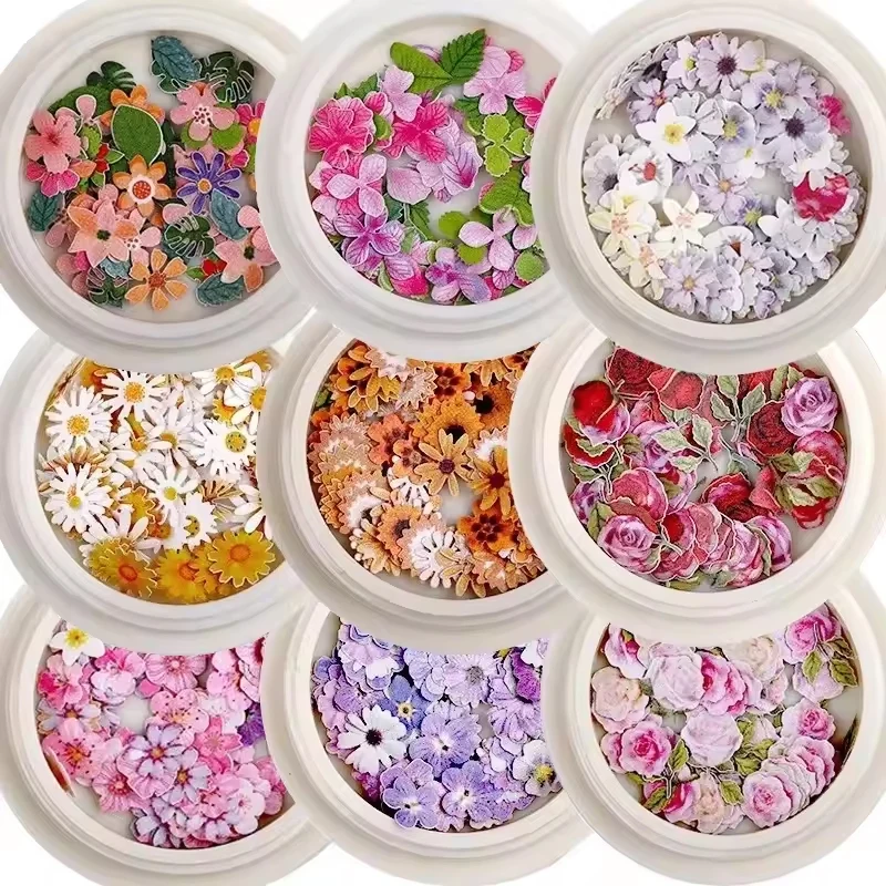 450Pcs Ultra-Thin Wood Pulp Nail Stickers, 9 Boxes Mixed Color Daisy & Rose Pattern Nail Decals, DIY Nail Art Decor Accessories