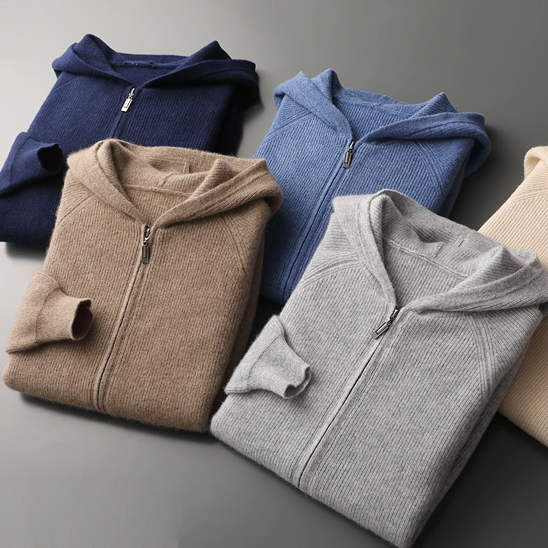Men 100% Merino Wool Sweater Hooded Zipper Cardigan Autumn Winter Thickened Knit Large-size Jacket Long Sleeved Sportswear Coat
