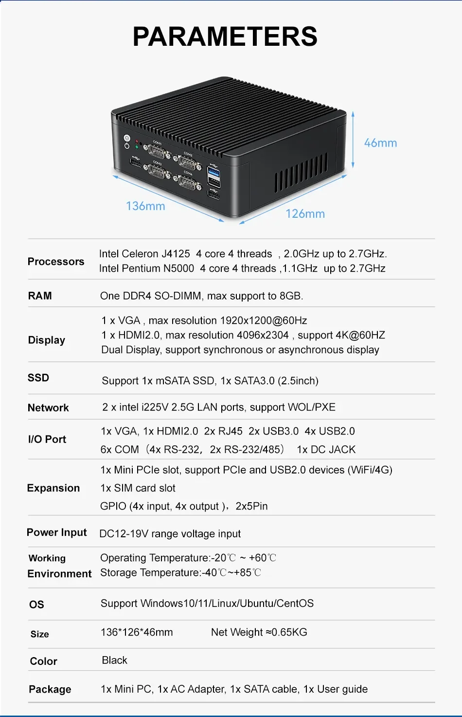 Imagem -06 - Mini pc Fanless com Intel Gbps Lan Comceleron J4125 Pentium Silver N5000 Rs232 Rs485 Sim 4g Lte Linux Ubuntu Gpio Expandir Suporte