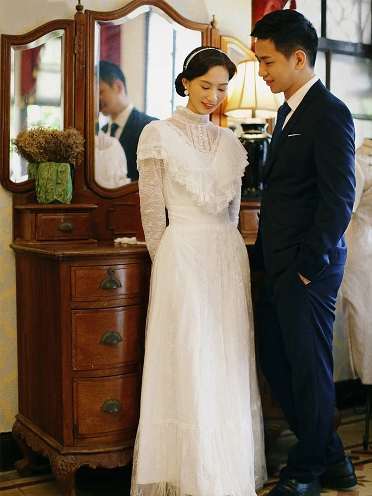 Vintage Victorian Long Sleeves Lace Bridal Gown Ankle-Length Wedding Dress For Women Real Photos Customized Customized