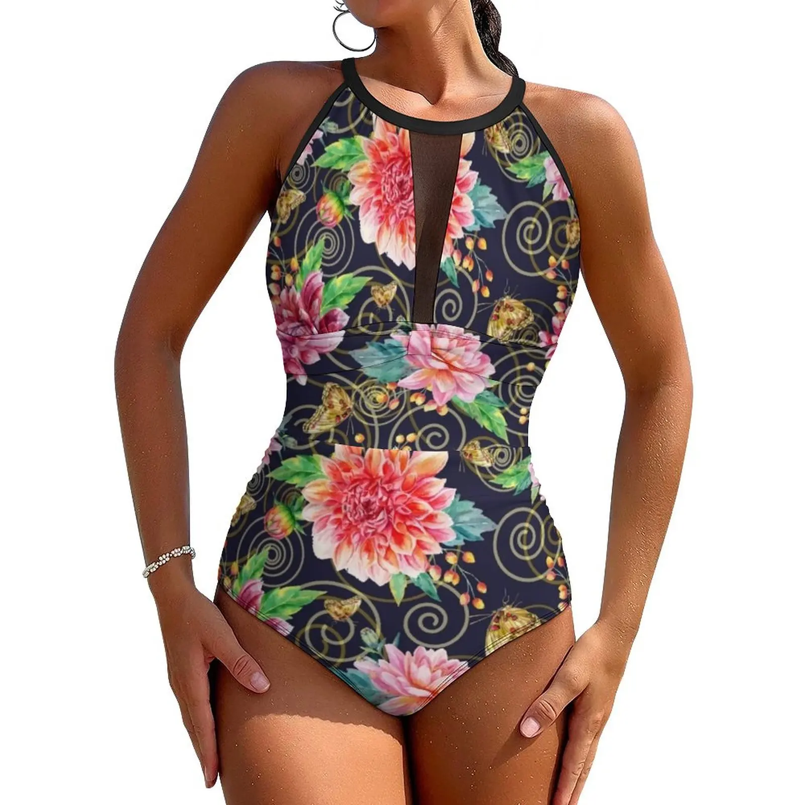 Baroque Style Swimsuit Sexy Dahlia Flowers Print One Piece Swimwear Push Up Bodysuit Elegant Fitness Bathing Suits