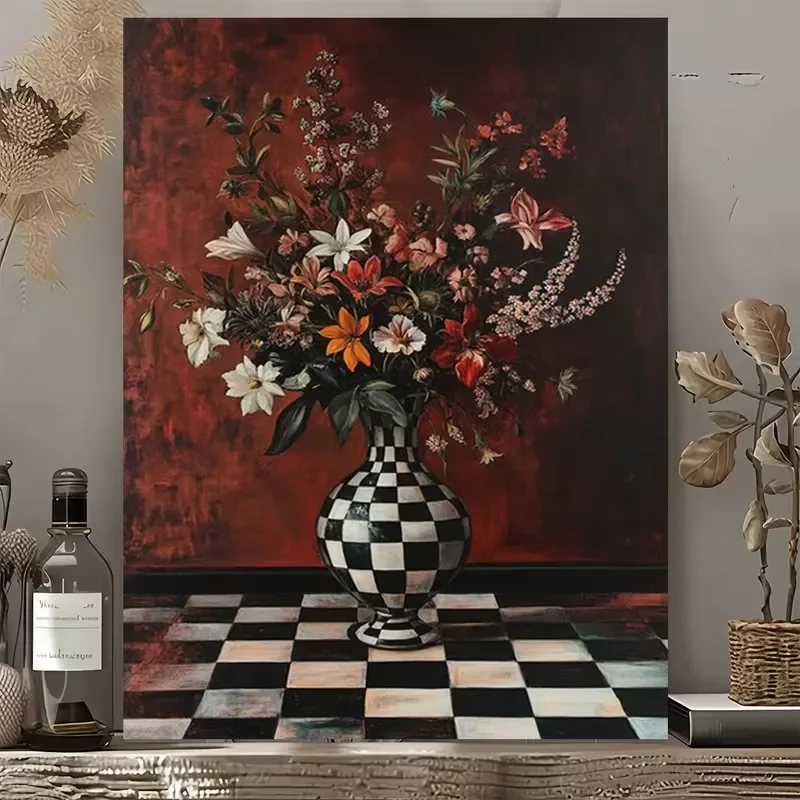 Flower Black White Checkered Vase Poster Prints Red Plants Canvas Painting Wall Art Picture for LivingRoom Home Decor Cuadros